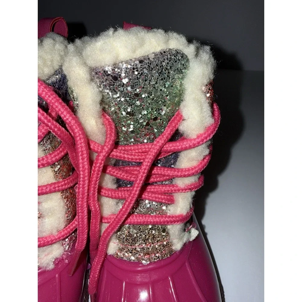 Adrienne Vittadini Bambini Girls Rain Boots 8 Fuchsia Pink Glitter Fur Snow NEW